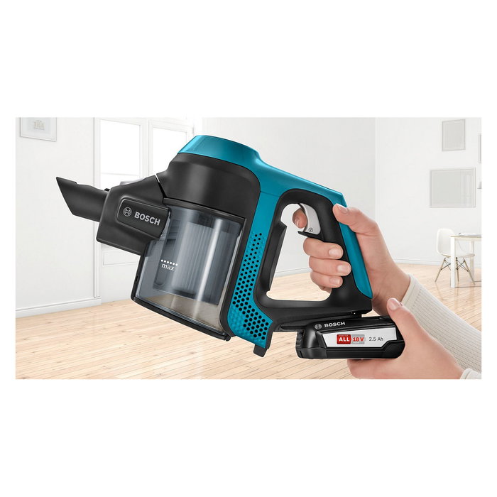 Bosch BBS611LAG Aspiradora escoba sin bolsa, 2 en 1, con batería de 18V y 30 min autonomía, color azul, cepillo rectangular, 0.3L