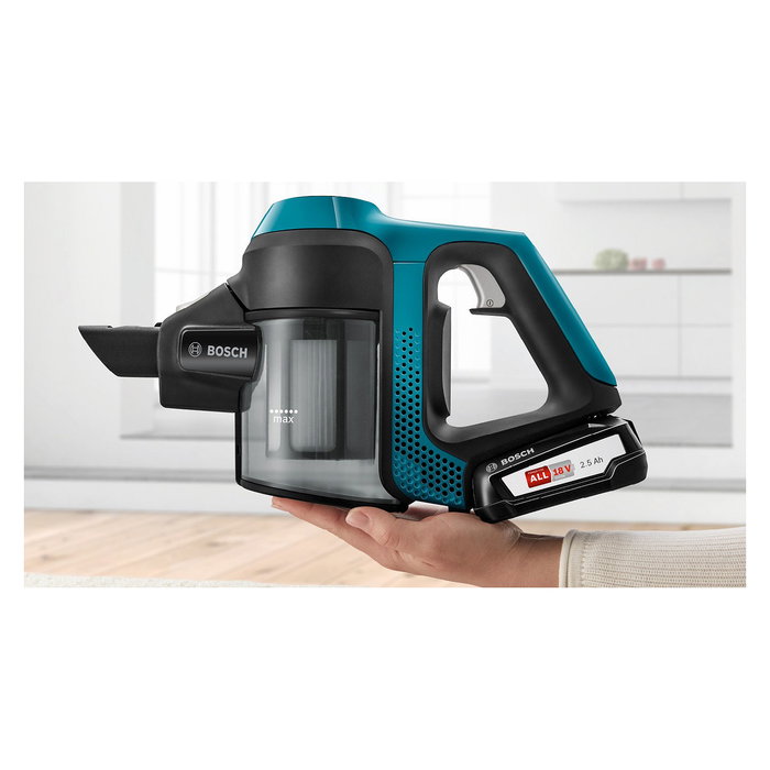 Bosch BBS611LAG Aspiradora escoba sin bolsa, 2 en 1, con batería de 18V y 30 min autonomía, color azul, cepillo rectangular, 0.3L