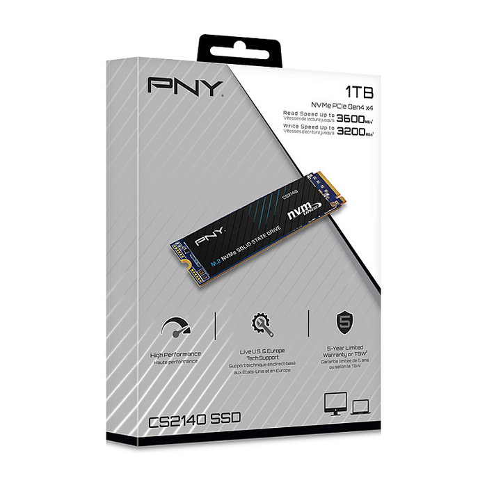 PNY CS2140 1TB SSD M.2 PCIe 4.0 NVMe (2280), 3600 MB/s lectura, con encriptación 256-bit AES - M280CS2140-1TB-RB