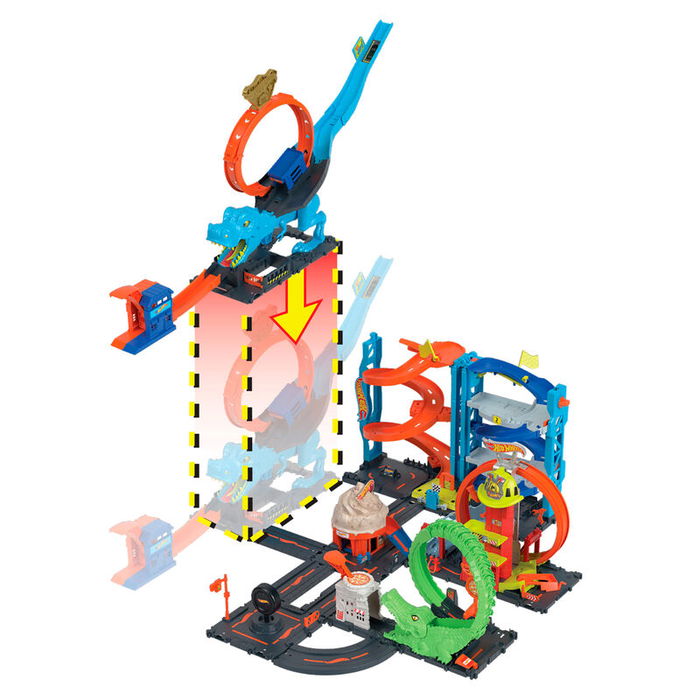 Mattel Pista Hot Wheels City Desafío del T-Rex con Lanzador de Golpe y Vehículo