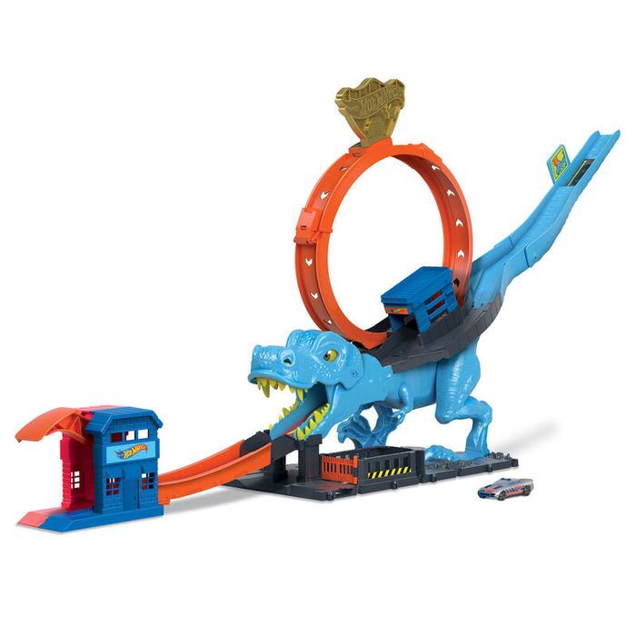 Mattel Pista Hot Wheels City Desafío del T-Rex con Lanzador de Golpe y Vehículo