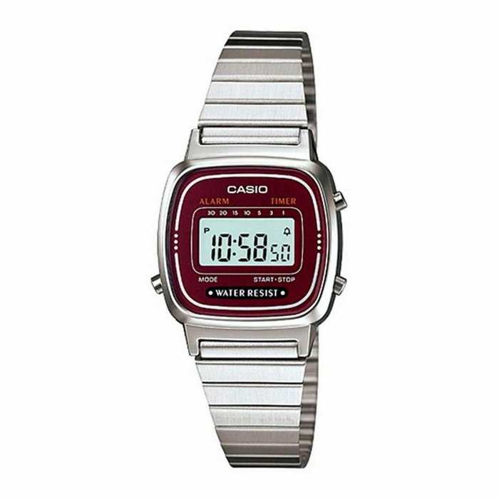 Casio LA670WA-4DF con esfera roja y correa plateada