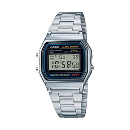 Casio Reloj Digital Vintage A158WA-1DF Unisex con Correa de Acero Inoxidable, Negro/Plata, Resistente al Agua, Calendario y Alarma