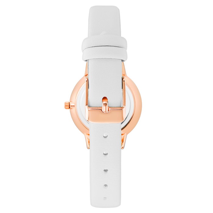 Juicy Couture JC1326RGWT con correa blanca y caja rosa
