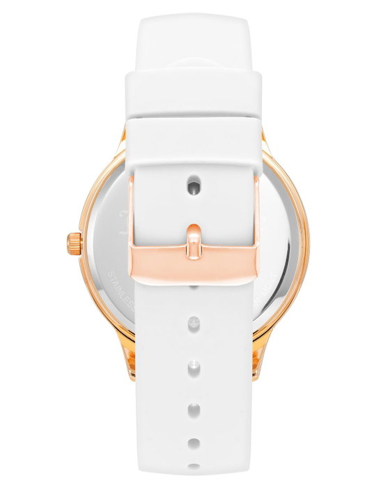 Juicy Couture JC1342RGWT con correa de silicona blanca y caja rosa