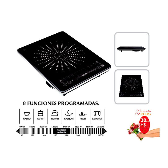 Jata Hogar Placa de Inducción Eléctrica de 1 Placa, 2100W, 8 Funciones Programadas, Display LED Táctil, Superficie de Cristal