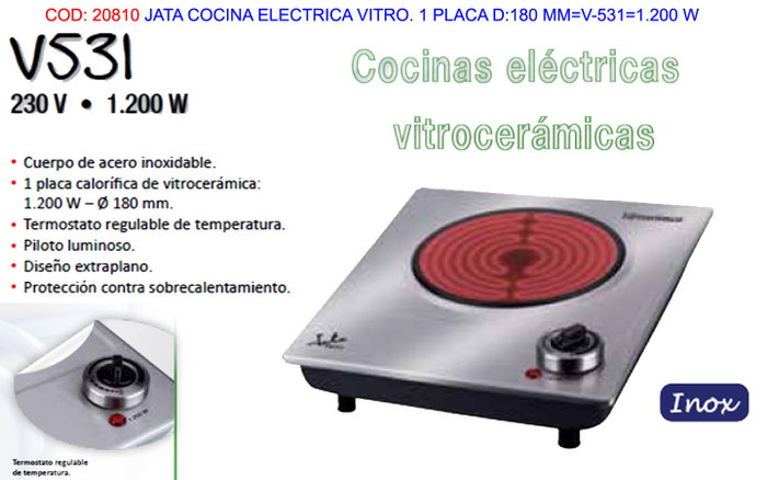 JATA Placa de cocina eléctrica vitrocerámica V-531 de 1.200 W JATA Placa de cocina eléctrica vitrocerámica V-531 de 1.200 W