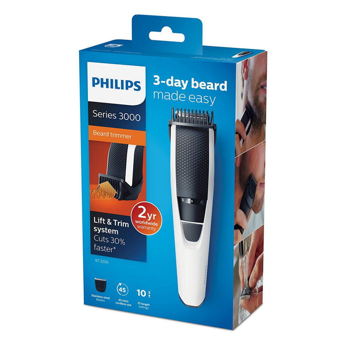 Philips Recortador de Barba BT3206/14 Blanco con Sistema Lift & Trim, 10 Ajustes de Longitud (0.5-10 mm), Cuchillas Acero Inoxidable, 45 Min Autonomía