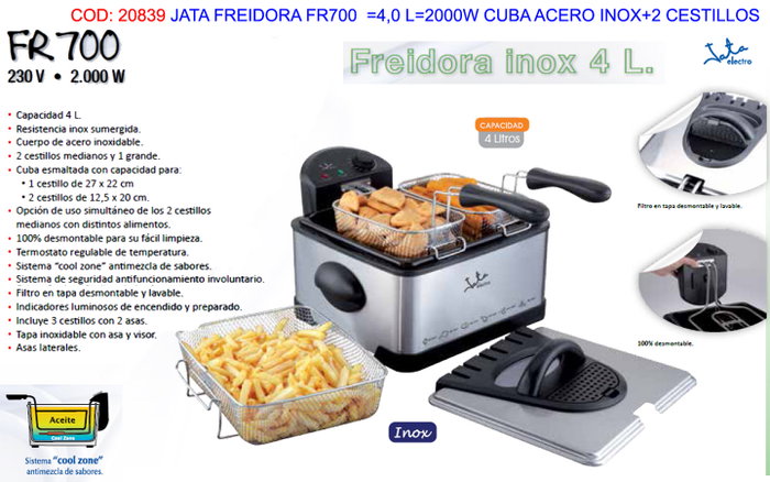 JATA Freidora FR700 con cuba de acero inoxidable y 2 cestillos JATA Freidora FR700 con cuba de acero inoxidable y 2 cestillos