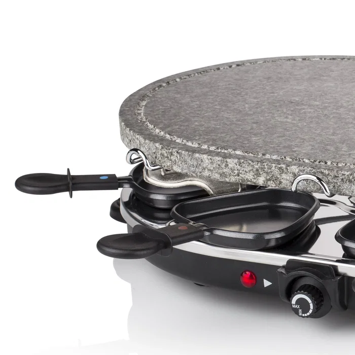 Princess 162720 Parrilla de Interior Oval Stone Grill & Raclette Party para 8 Personas - 1200W, Plancha de Piedra 43x30cm, Incluye 8 Sartenes y 8 Espátulas, Negro
