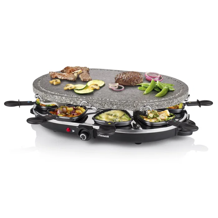 Princess 162720 Parrilla de Interior Oval Stone Grill & Raclette Party para 8 Personas - 1200W, Plancha de Piedra 43x30cm, Incluye 8 Sartenes y 8 Espátulas, Negro