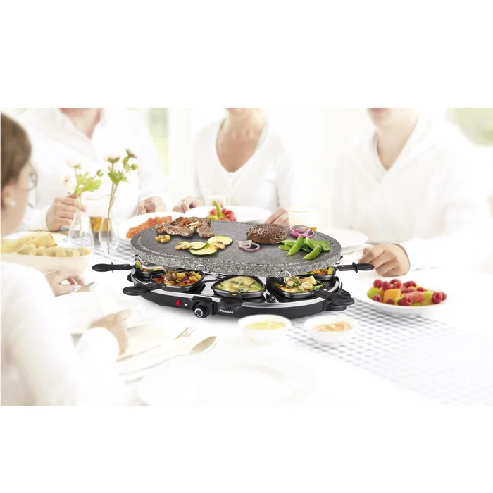 Princess 162720 Parrilla de Interior Oval Stone Grill & Raclette Party para 8 Personas - 1200W, Plancha de Piedra 43x30cm, Incluye 8 Sartenes y 8 Espátulas, Negro