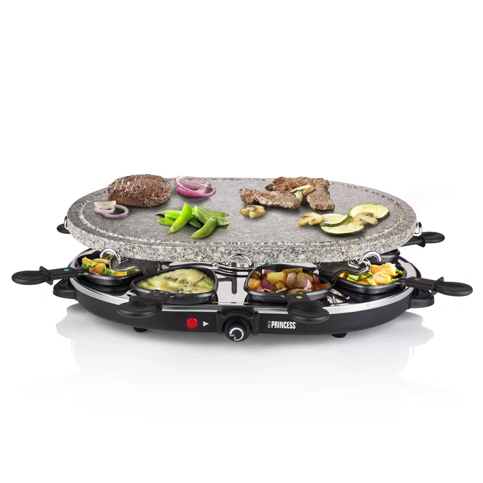 Princess 162720 Parrilla de Interior Oval Stone Grill & Raclette Party para 8 Personas - 1200W, Plancha de Piedra 43x30cm, Incluye 8 Sartenes y 8 Espátulas, Negro