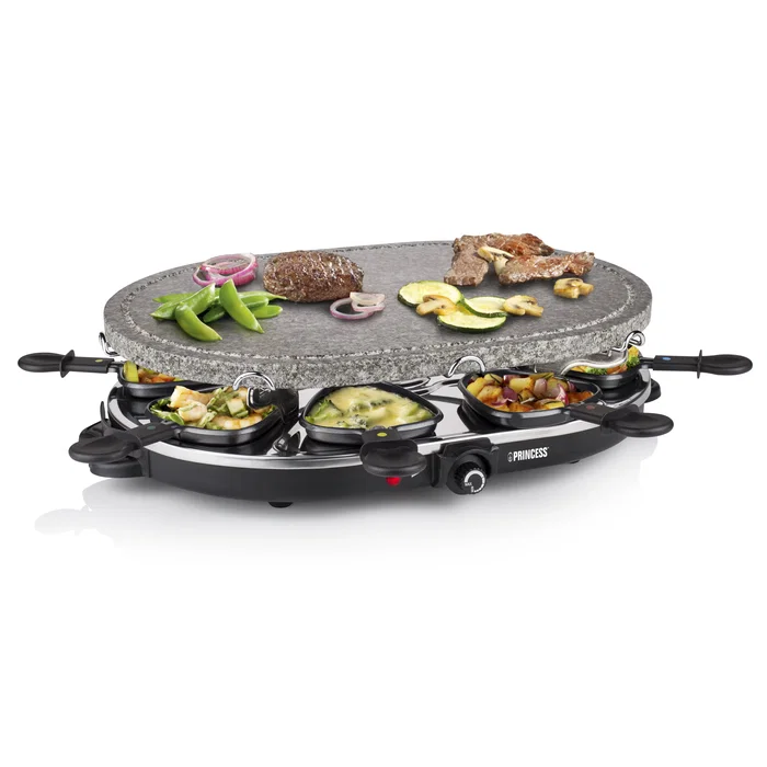 Princess 162720 Parrilla de Interior Oval Stone Grill & Raclette Party para 8 Personas - 1200W, Plancha de Piedra 43x30cm, Incluye 8 Sartenes y 8 Espátulas, Negro