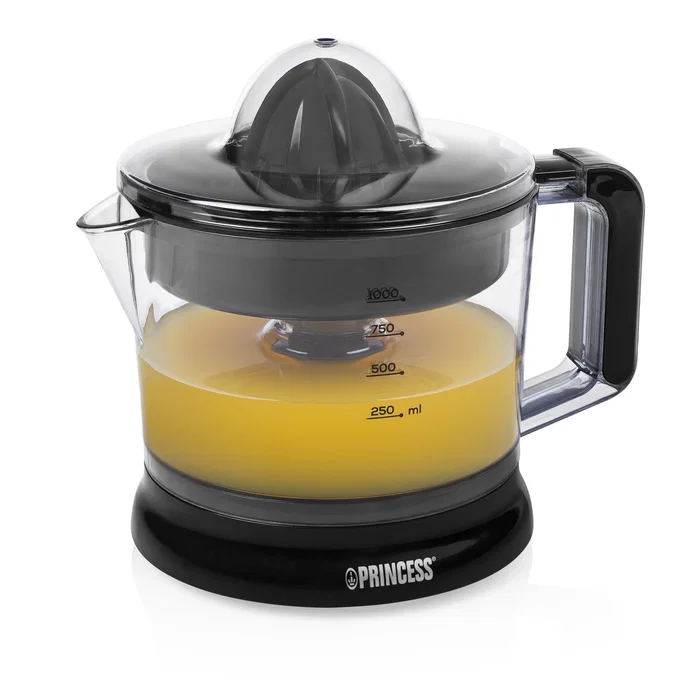 Princess 201004 Exprimidor de Cítricos Eléctrico, 25 W, Capacidad 1 Litro, Filtro de Pulpa Ajustable, Negro y Transparente
