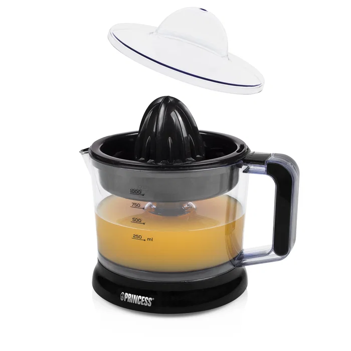 Princess 201004 Exprimidor de Cítricos Eléctrico, 25 W, Capacidad 1 Litro, Filtro de Pulpa Ajustable, Negro y Transparente