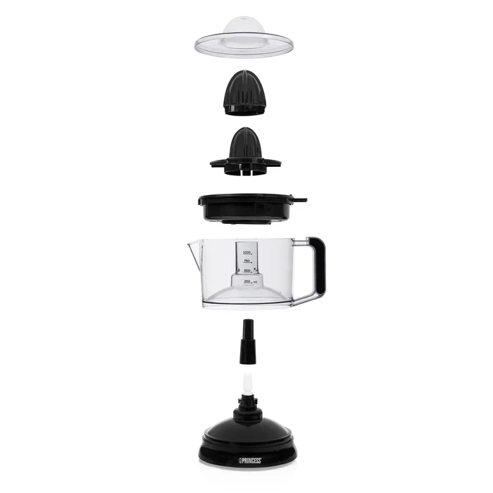 Princess 201004 Exprimidor de Cítricos Eléctrico, 25 W, Capacidad 1 Litro, Filtro de Pulpa Ajustable, Negro y Transparente