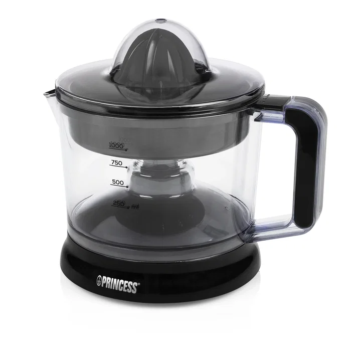 Princess 201004 Exprimidor de Cítricos Eléctrico, 25 W, Capacidad 1 Litro, Filtro de Pulpa Ajustable, Negro y Transparente