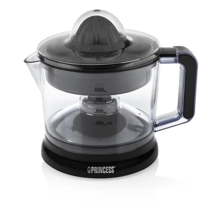Princess 201004 Exprimidor de Cítricos Eléctrico, 25 W, Capacidad 1 Litro, Filtro de Pulpa Ajustable, Negro y Transparente