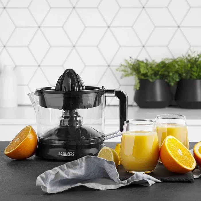 Princess 201004 Exprimidor de Cítricos Eléctrico, 25 W, Capacidad 1 Litro, Filtro de Pulpa Ajustable, Negro y Transparente