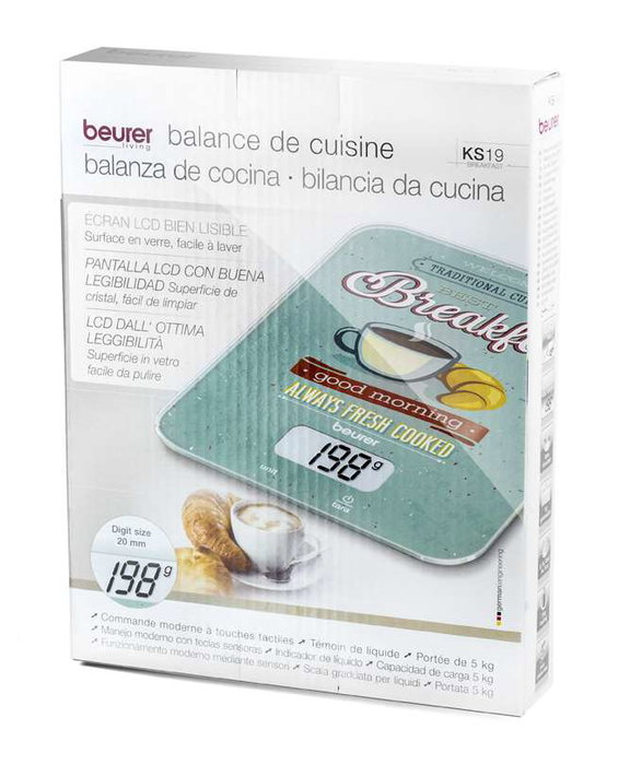 Beurer KS-19 Balanza de Cocina de Vidrio Ultra Plano, Pantalla LCD, Función Tara, 5 kg Máx. Capacidad