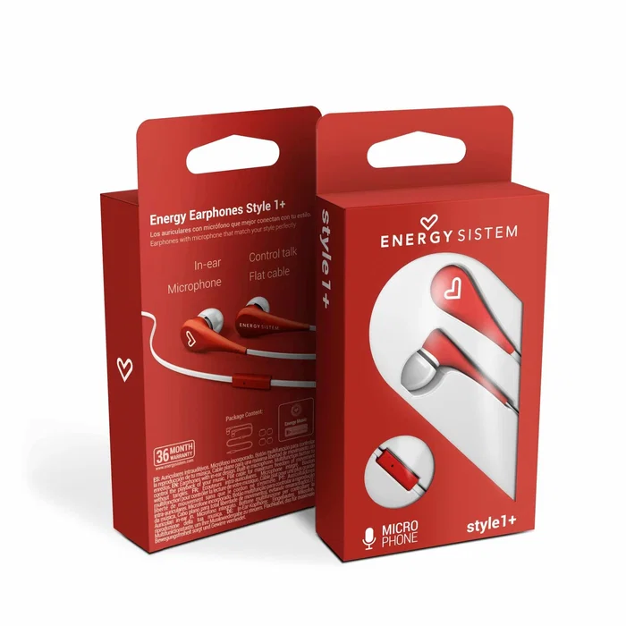 Energy Sistem Auriculares In-Ear Style 1+ con Micrófono y Botón Multifunción, Cable Plano de 1.2 m para Llamadas y Música, Color Rojo