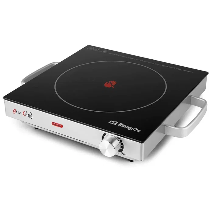 Orbegozo PCE 5000 Placa Vitrocerámica Portátil de 1 Zona, 20.5 cm (205 mm), 2000W, Encimera, Negro y Acero Inoxidable, Termostato Regulable