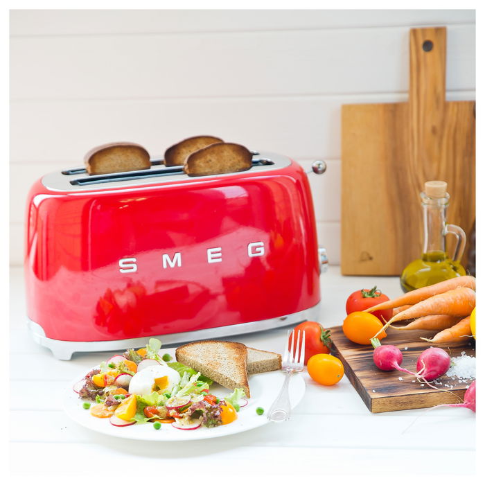 Smeg TSF02RDEU Tostador 4 Rebanadas, Rojo, Acero Inoxidable, Control por Botones, 1500W, Funciones Descongelar y Recalentar, Ranuras Largas