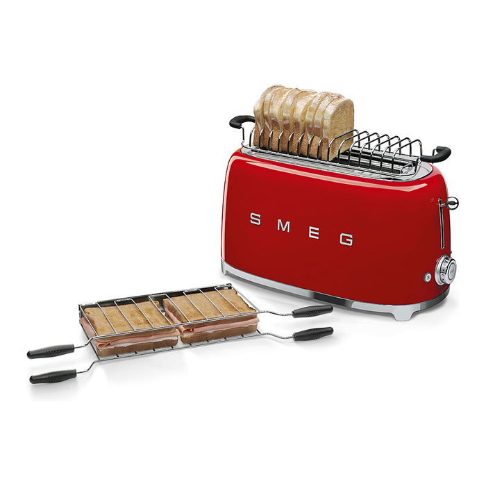 Smeg TSF02RDEU Tostador 4 Rebanadas, Rojo, Acero Inoxidable, Control por Botones, 1500W, Funciones Descongelar y Recalentar, Ranuras Largas