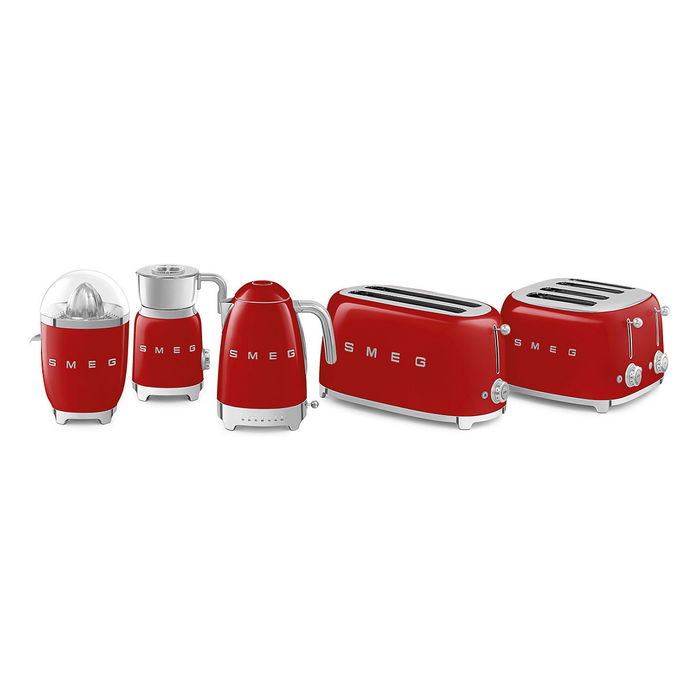Smeg TSF02RDEU Tostador 4 Rebanadas, Rojo, Acero Inoxidable, Control por Botones, 1500W, Funciones Descongelar y Recalentar, Ranuras Largas