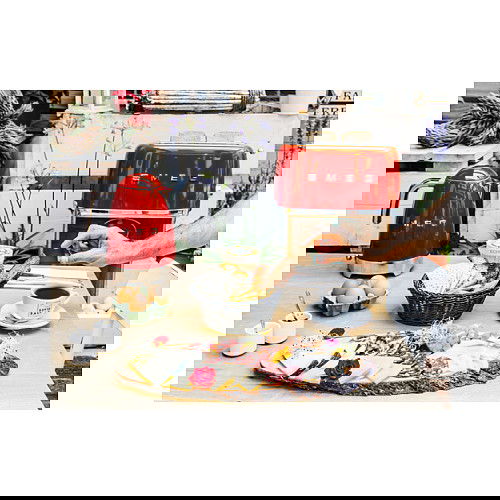 Smeg TSF02RDEU Tostador 4 Rebanadas, Rojo, Acero Inoxidable, Control por Botones, 1500W, Funciones Descongelar y Recalentar, Ranuras Largas