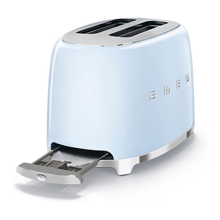 Smeg TSF01PBEU Tostador de 2 Rebanadas, Color Azul Pastel y Acero Inoxidable, 950 W, 6 Niveles de Tostado, Función Descongelar y Recalentar