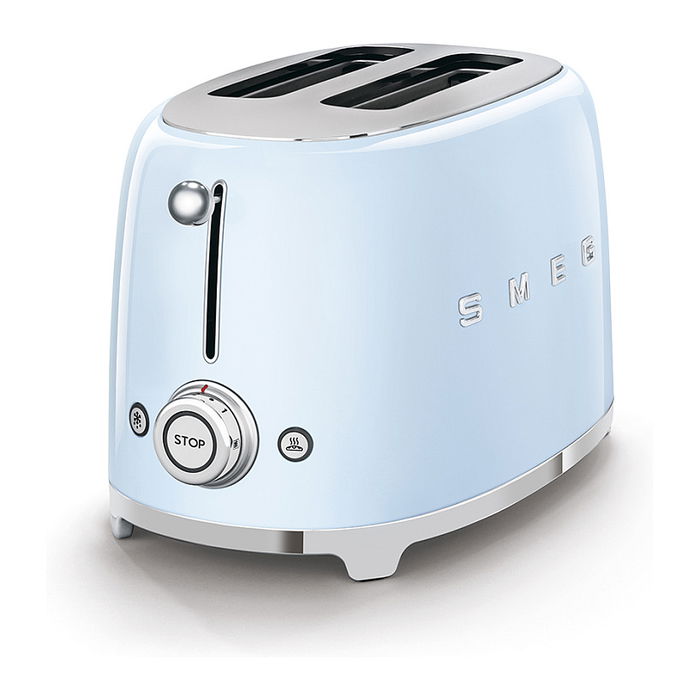 Smeg TSF01PBEU Tostador de 2 Rebanadas, Color Azul Pastel y Acero Inoxidable, 950 W, 6 Niveles de Tostado, Función Descongelar y Recalentar