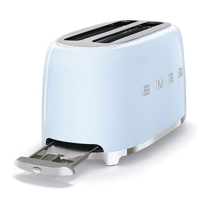 Smeg TSF02PBEU Tostador de 4 Rebanadas, Azul Pastel, Acero Inoxidable, 1500 W, 6 Niveles de Tostado, Función Descongelar y Recalentar