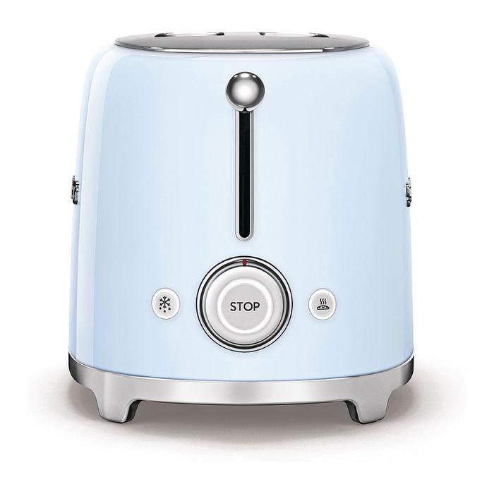 Smeg TSF02PBEU Tostador de 4 Rebanadas, Azul Pastel, Acero Inoxidable, 1500 W, 6 Niveles de Tostado, Función Descongelar y Recalentar