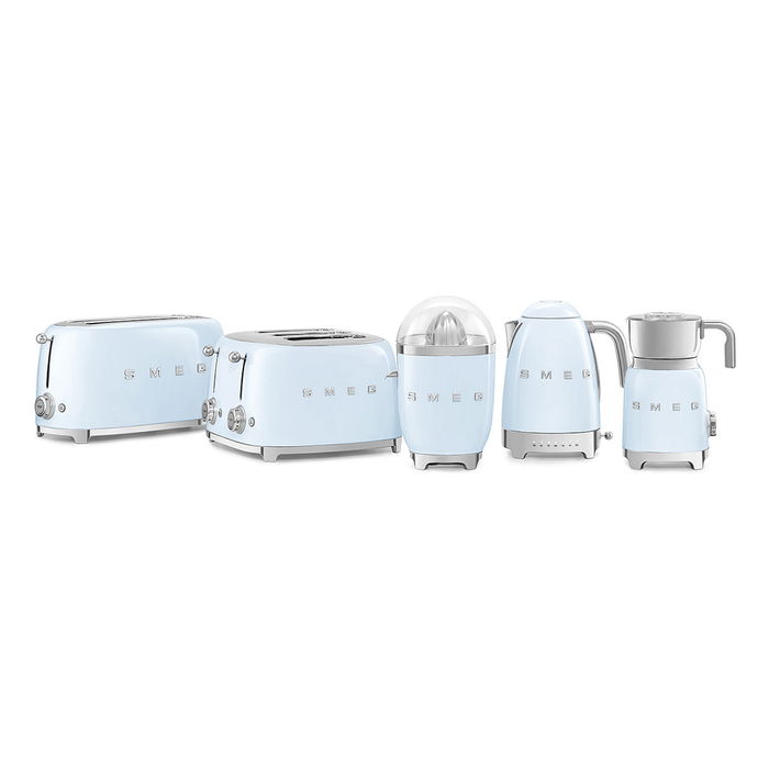 Smeg TSF02PBEU Tostador de 4 Rebanadas, Azul Pastel, Acero Inoxidable, 1500 W, 6 Niveles de Tostado, Función Descongelar y Recalentar