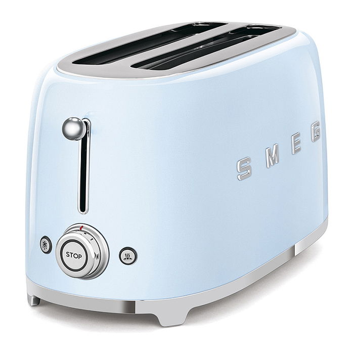 Smeg TSF02PBEU Tostador de 4 Rebanadas, Azul Pastel, Acero Inoxidable, 1500 W, 6 Niveles de Tostado, Función Descongelar y Recalentar