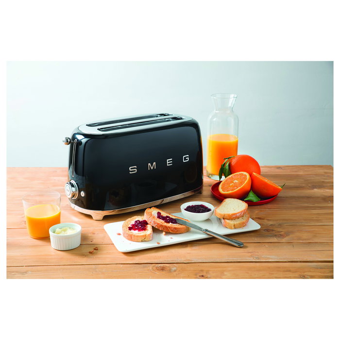 Smeg TSF02BLEU Toaster de 4 rebanadas, Negro, Acero inoxidable, con función de descongelar, recalentar y 6 niveles de tostado - 1500 W