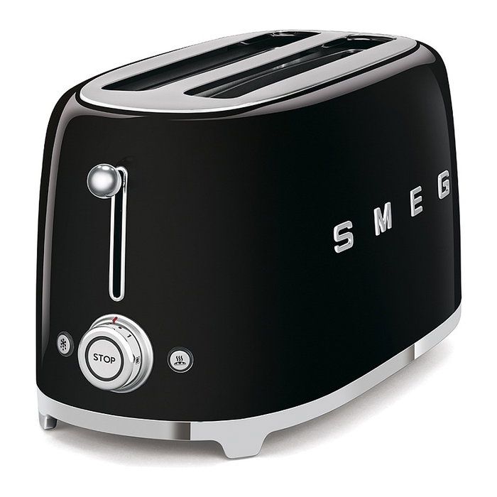Smeg TSF02BLEU Toaster de 4 rebanadas, Negro, Acero inoxidable, con función de descongelar, recalentar y 6 niveles de tostado - 1500 W