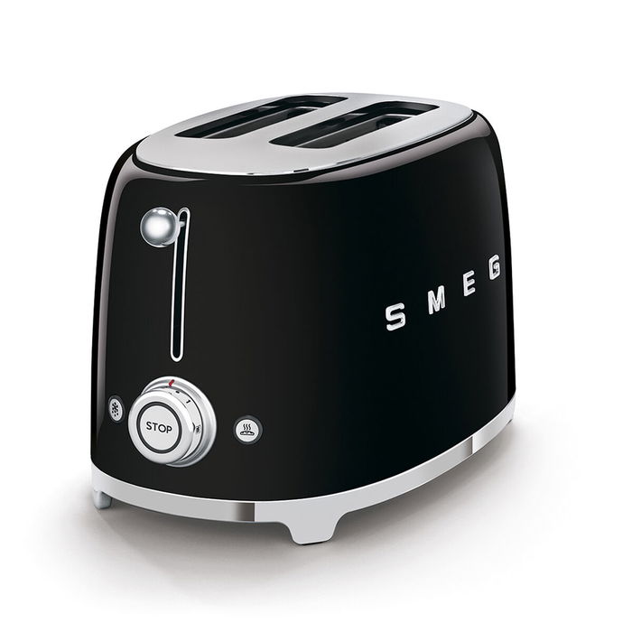 SMEG TSF01BLEU Tostador de 2 Ranuras, 950W, Acero Inoxidable Negro, Estilo Años 50 Retro, Función Descongelar y Recalentar, Base Antideslizante