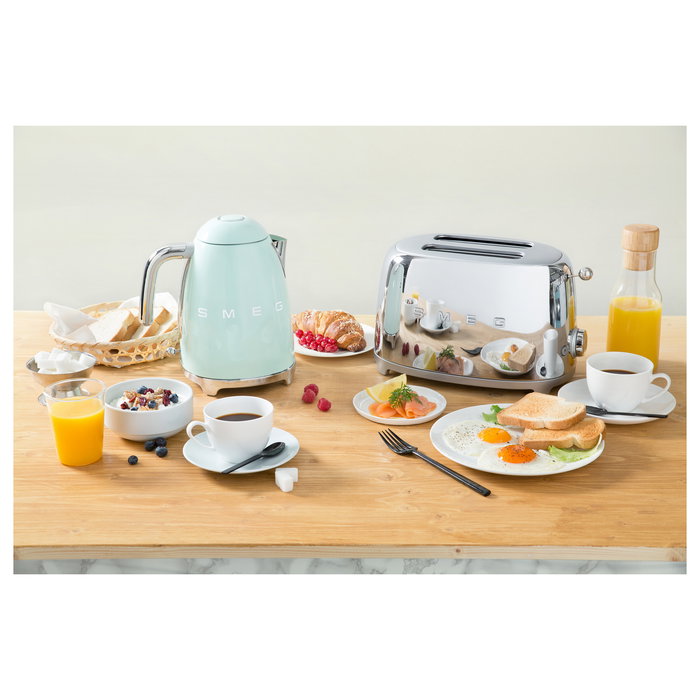 Smeg TSF01PGEU Tostadora de 2 Ranuras, 950W, Pastel Verde, Acero Inoxidable, Control por Botones, Función Descongelar y Recalentar, Bandeja Extraíble