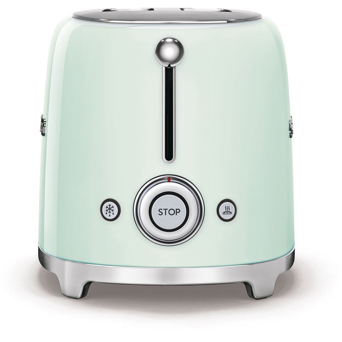 Smeg TSF01PGEU Tostadora de 2 Ranuras, 950W, Pastel Verde, Acero Inoxidable, Control por Botones, Función Descongelar y Recalentar, Bandeja Extraíble