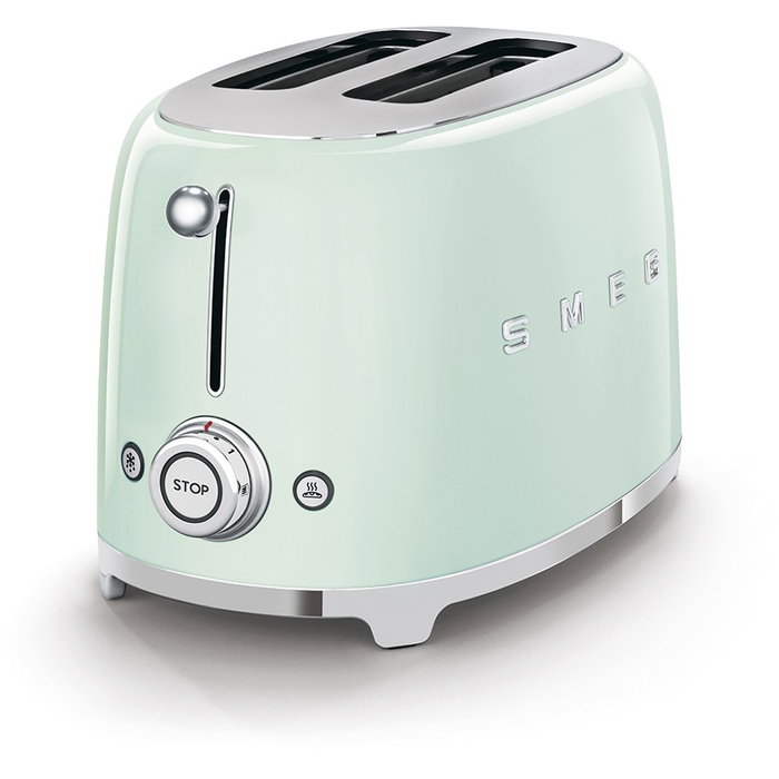Smeg TSF01PGEU Tostadora de 2 Ranuras, 950W, Pastel Verde, Acero Inoxidable, Control por Botones, Función Descongelar y Recalentar, Bandeja Extraíble