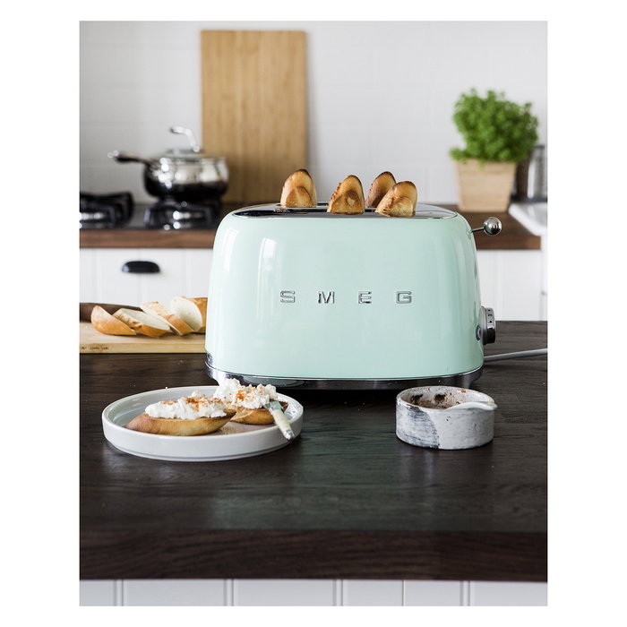 Smeg TSF01PGEU Tostadora de 2 Ranuras, 950W, Pastel Verde, Acero Inoxidable, Control por Botones, Función Descongelar y Recalentar, Bandeja Extraíble