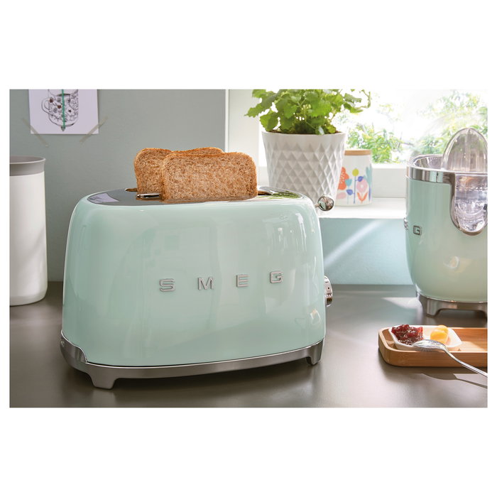 Smeg TSF01PGEU Tostadora de 2 Ranuras, 950W, Pastel Verde, Acero Inoxidable, Control por Botones, Función Descongelar y Recalentar, Bandeja Extraíble