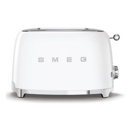 SMEG TSF01WHEU Toaster de 2 Rebanadas, Blanco, Acero Inoxidable, Control por Botones con 6 Niveles, Función Descongelar y Recuperar Calor, 950W