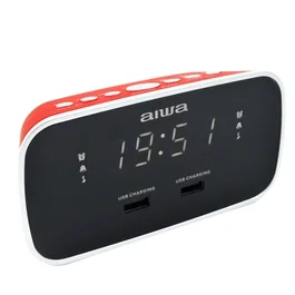 Aiwa CRU-19RD Despertador con Radio FM, Doble Alarma y 2 Puertos USB, Rojo