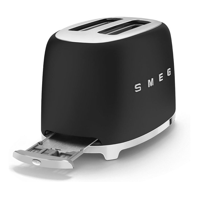 Smeg TSF01BLMEU Toaster Negro, 2 Rebanadas, Acero Inoxidable, 950 W, Función Descongelar y Recalentar, Control Dorado Ajustable