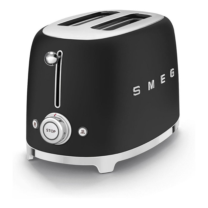 Smeg TSF01BLMEU Toaster Negro, 2 Rebanadas, Acero Inoxidable, 950 W, Función Descongelar y Recalentar, Control Dorado Ajustable
