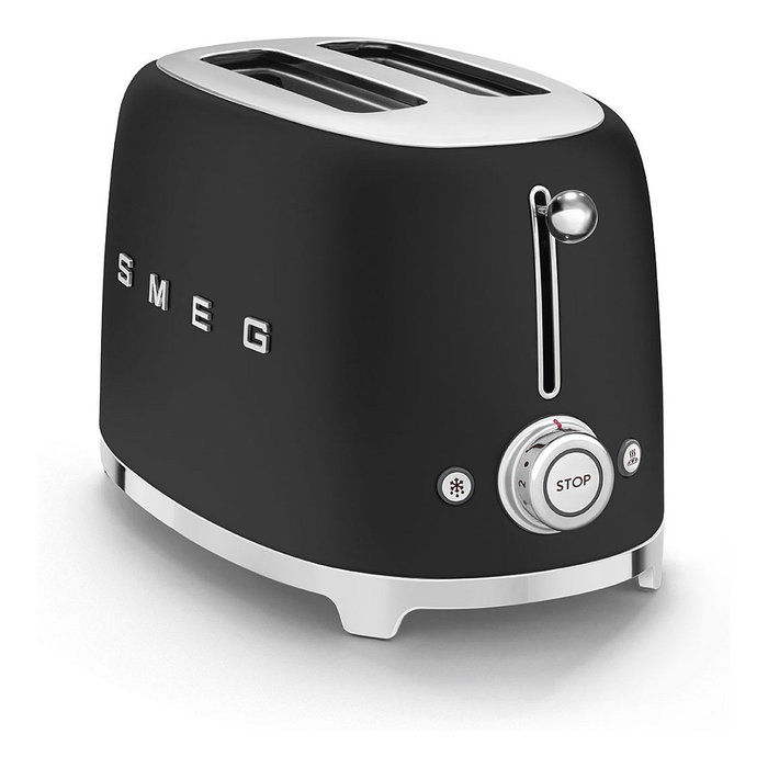 Smeg TSF01BLMEU Toaster Negro, 2 Rebanadas, Acero Inoxidable, 950 W, Función Descongelar y Recalentar, Control Dorado Ajustable